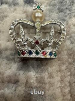 Vintage Rhinestone Brooch Pin Victorian Royal Crown Faux Pearl Gold Tone Estate