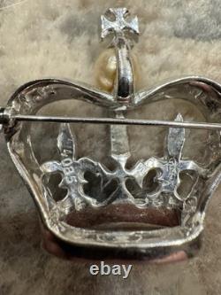 Vintage Rhinestone Brooch Pin Victorian Royal Crown Faux Pearl Gold Tone Estate