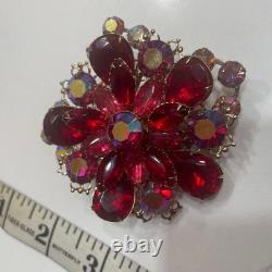 Vintage Rhinestone Brooch Red & Pink Dog Tooth Prong Set Surrounded By Round AB