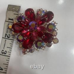 Vintage Rhinestone Brooch Red & Pink Dog Tooth Prong Set Surrounded By Round AB