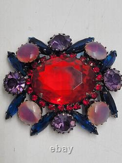 Vintage Rhinestone Brooch Schreiner Alice Caviness Pink Purple Red Blue