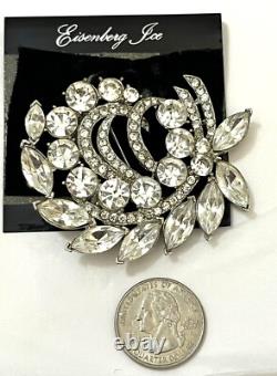 Vintage Rhinestone Brooch Signed Eisenberg Ice Huge Pin Estate Original Card