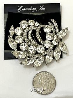 Vintage Rhinestone Brooch Signed Eisenberg Ice Huge Pin Estate Original Card