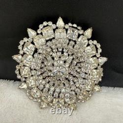 Vintage Rhinestone Brooch Silver Tone Sunburst WOW