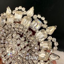 Vintage Rhinestone Brooch Silver Tone Sunburst WOW