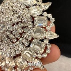 Vintage Rhinestone Brooch Silver Tone Sunburst WOW