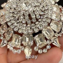 Vintage Rhinestone Brooch Silver Tone Sunburst WOW