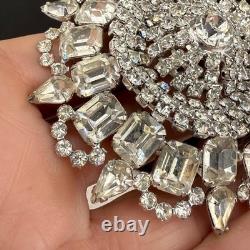 Vintage Rhinestone Brooch Silver Tone Sunburst WOW