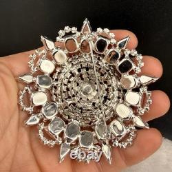 Vintage Rhinestone Brooch Silver Tone Sunburst WOW