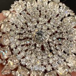 Vintage Rhinestone Brooch Silver Tone Sunburst WOW