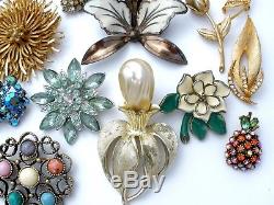 Vintage Rhinestone Brooches Lot 37 Pc Pins Enamel Flower Art Enamel Trifari Coro