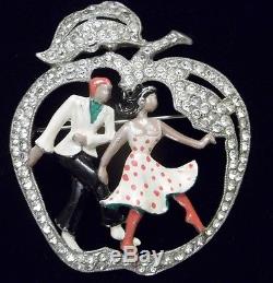 Vintage Rhinestone Enamel Brooch Apple Man Woman Dancers Figural BEST