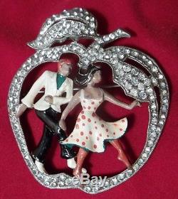 Vintage Rhinestone Enamel Brooch Apple Man Woman Dancers Figural BEST