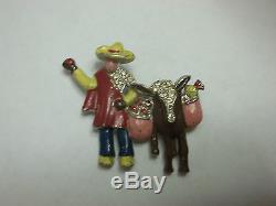 Vintage Rhinestone Enamel Brooch Figural Mexican Man & Donkey