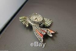 Vintage Rhinestone & Enamel Fish Brooch Lapel Watch Pin Figural 1940's Working