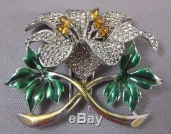 Vintage Rhinestone Enamel Flower Fur Clip Brooch Pin Figural Dujay