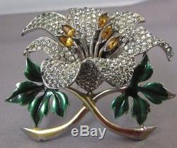 Vintage Rhinestone Enamel Flower Fur Clip Brooch Pin Figural Dujay