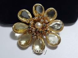 Vintage Rhinestone Faux Pearl Yellow Open Back Glass Gold Tone Brooch Pendant