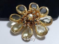 Vintage Rhinestone Faux Pearl Yellow Open Back Glass Gold Tone Brooch Pendant