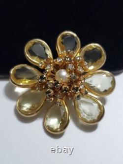 Vintage Rhinestone Faux Pearl Yellow Open Back Glass Gold Tone Brooch Pendant