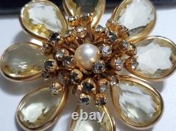 Vintage Rhinestone Faux Pearl Yellow Open Back Glass Gold Tone Brooch Pendant