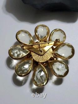 Vintage Rhinestone Faux Pearl Yellow Open Back Glass Gold Tone Brooch Pendant