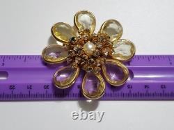 Vintage Rhinestone Faux Pearl Yellow Open Back Glass Gold Tone Brooch Pendant