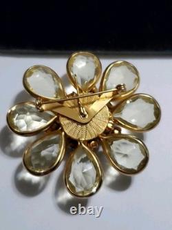 Vintage Rhinestone Faux Pearl Yellow Open Back Glass Gold Tone Brooch Pendant