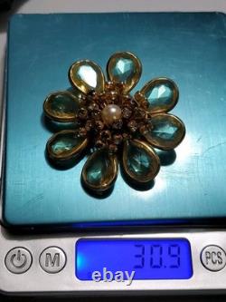 Vintage Rhinestone Faux Pearl Yellow Open Back Glass Gold Tone Brooch Pendant