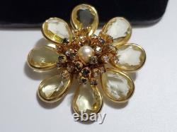 Vintage Rhinestone Faux Pearl Yellow Open Back Glass Gold Tone Brooch Pendant