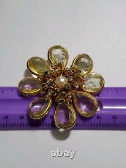 Vintage Rhinestone Faux Pearl Yellow Open Back Glass Gold Tone Brooch Pendant