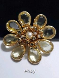 Vintage Rhinestone Faux Pearl Yellow Open Back Glass Gold Tone Brooch Pendant