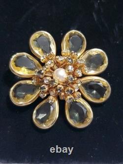 Vintage Rhinestone Faux Pearl Yellow Open Back Glass Gold Tone Brooch Pendant