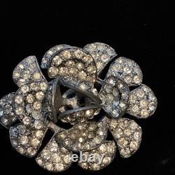 Vintage Rhinestone Flower Brooch Pin Mid Century Silver Tone Dimensional Floral