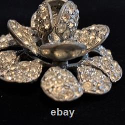 Vintage Rhinestone Flower Brooch Pin Mid Century Silver Tone Dimensional Floral
