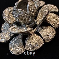 Vintage Rhinestone Flower Brooch Pin Mid Century Silver Tone Dimensional Floral
