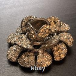 Vintage Rhinestone Flower Brooch Pin Mid Century Silver Tone Dimensional Floral