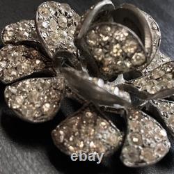 Vintage Rhinestone Flower Brooch Pin Mid Century Silver Tone Dimensional Floral