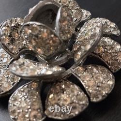 Vintage Rhinestone Flower Brooch Pin Mid Century Silver Tone Dimensional Floral
