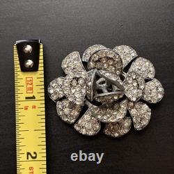 Vintage Rhinestone Flower Brooch Pin Mid Century Silver Tone Dimensional Floral