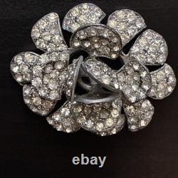 Vintage Rhinestone Flower Brooch Pin Mid Century Silver Tone Dimensional Floral