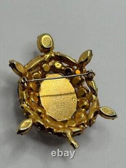 Vintage Rhinestone Glass Gold Tone Turtle Brooch Possibly Alice Caviness