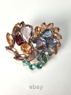 Vintage Rhinestone Heart Brooch Large 2 Fruit Salad Open Back Unsigned Designer