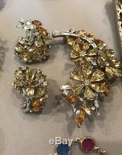 Vintage Rhinestone Jewelry Lot Brooch Pin Earrings Bracelet Trifari Austria Coro
