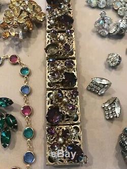 Vintage Rhinestone Jewelry Lot Brooch Pin Earrings Bracelet Trifari Austria Coro