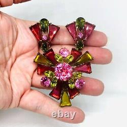 Vintage Rhinestone Keystone Triangle Pink & Green Brooch & Clip On Earring Set