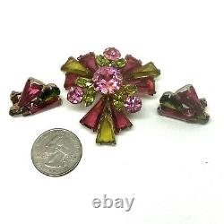 Vintage Rhinestone Keystone Triangle Pink & Green Brooch & Clip On Earring Set