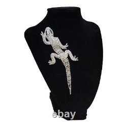 Vintage Rhinestone Lizard Gecko Double Clasp Shoulder Brooch 6 Inches