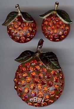 Vintage Rhinestone Lucite Forbidden Fruit Oranges Pin Brooch & Earrings Set