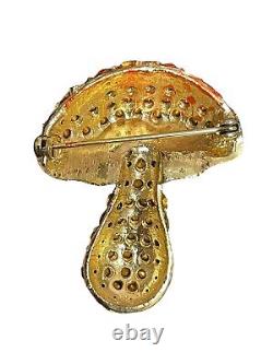 Vintage Rhinestone Mushroom Brooch Orange Multi Gold-tone HFT